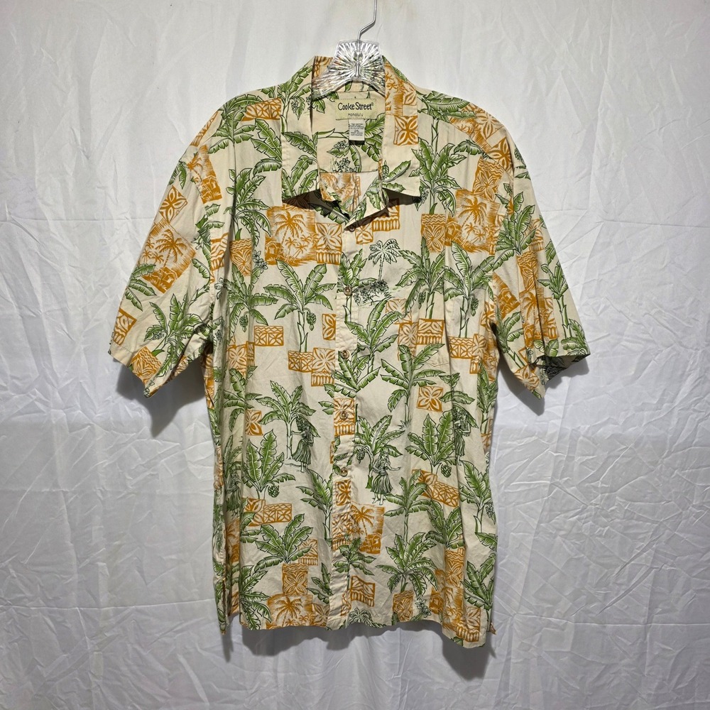 Cooke Street Honolulu Mens 2XL Cotton Tropical Palm Tree Hula Dancer Shirt Cream